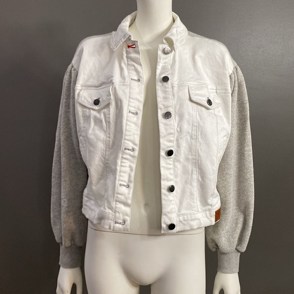 Peace Love World White/Gray Chic Denim Jacket Puff Gray Sleeve Oversized SZ XXS - Picture 4 of 16